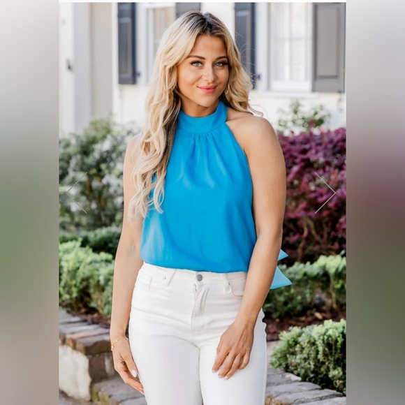 NWT PINK LILY WOMENS BLUE HALTER BOW BACK DETAIL BODYSUIT - Picture 1 of 11